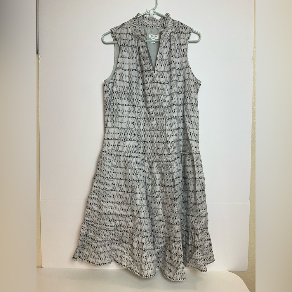 Hudson North The Picnic Linen Tier Dress Gray Diamond Print 100% Linen Large